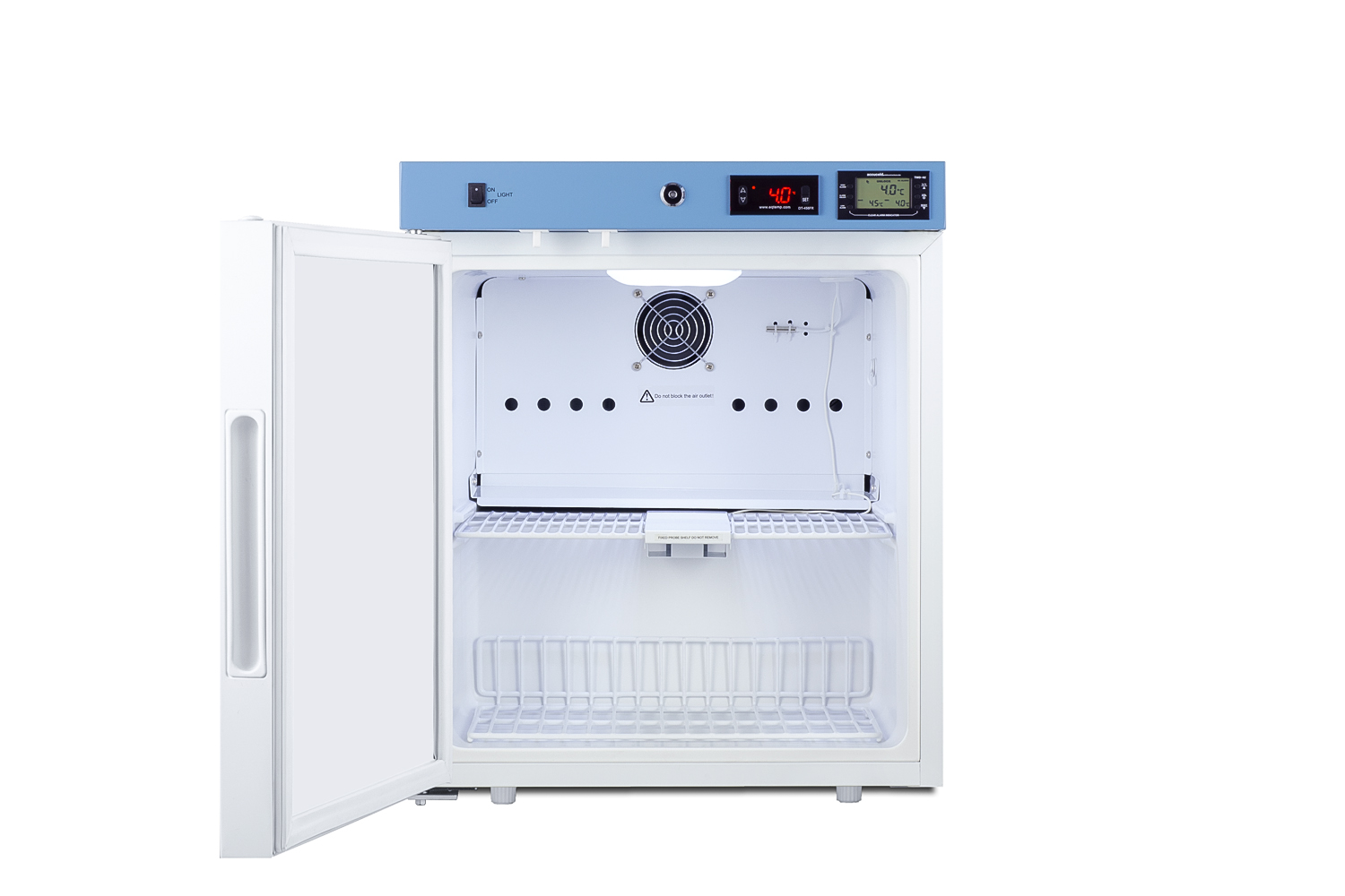 Compact healthcare all-refrigerator with self-closing solid door, front lock, digital controls, and external temperature readout